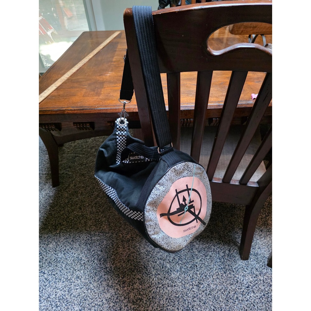 Vintage Swatch Canvas Duffel Bag Black Checkered Clock Face Retro 80s Gear Bag - Picture 7 of 16